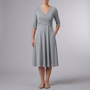 Women's Casual Dress | Midi Wrap V-Neck Short Sleeve Grey front view