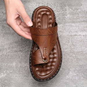 Sandals For Men | Thong Toe Buckle Slingback Brown three-quarter front view