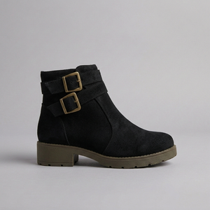 Boots For Women | Double Buckle Ankle Flat Black side profile