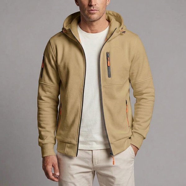 Men's Hoodie | Zip-Up Knit Fleece Khaki front view
