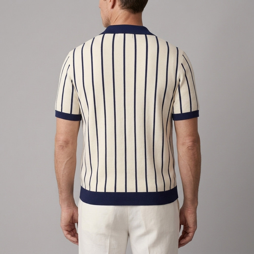 Men's Polo Shirt | Striped Knit Short Sleeve Navy front view