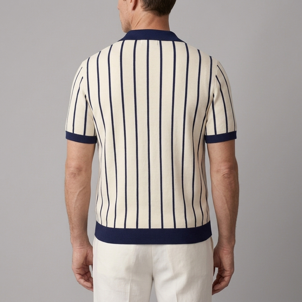 Men's Polo Shirt | Striped Knit Short Sleeve Navy back view