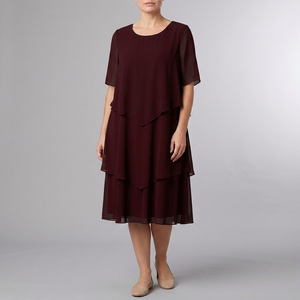 Women's Semi Formal Dress | Midi Chiffon Layered Dark Red front view