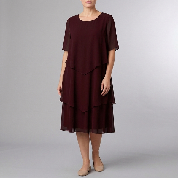 Women's Semi Formal Dress | Midi Chiffon Layered Dark Red front view