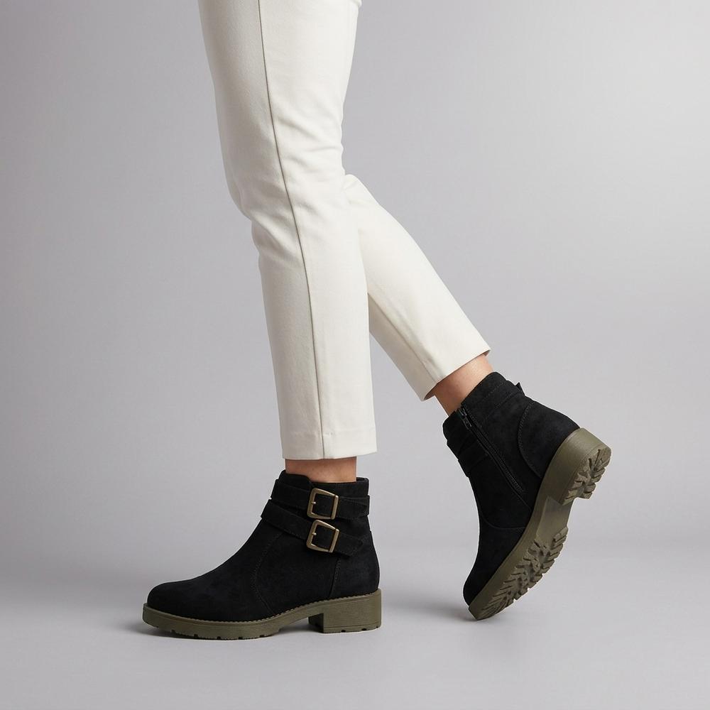 Boots For Women | Double Buckle Ankle Flat Black three-quarter front view