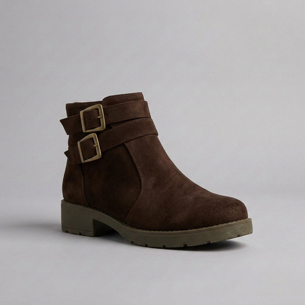 Boots For Women | Double Buckle Ankle Flat Brown three-quarter front view