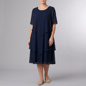 Women's Semi Formal Dress | Midi Chiffon Layered Navy front view