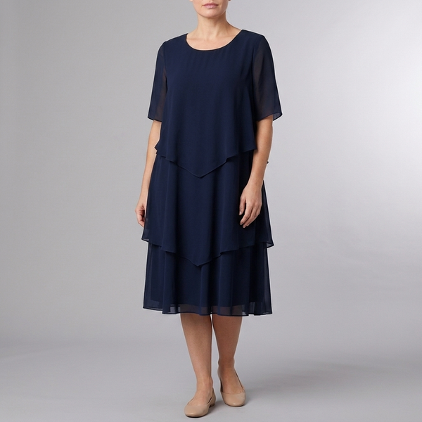 Women's Semi Formal Dress | Midi Chiffon Layered Navy front view