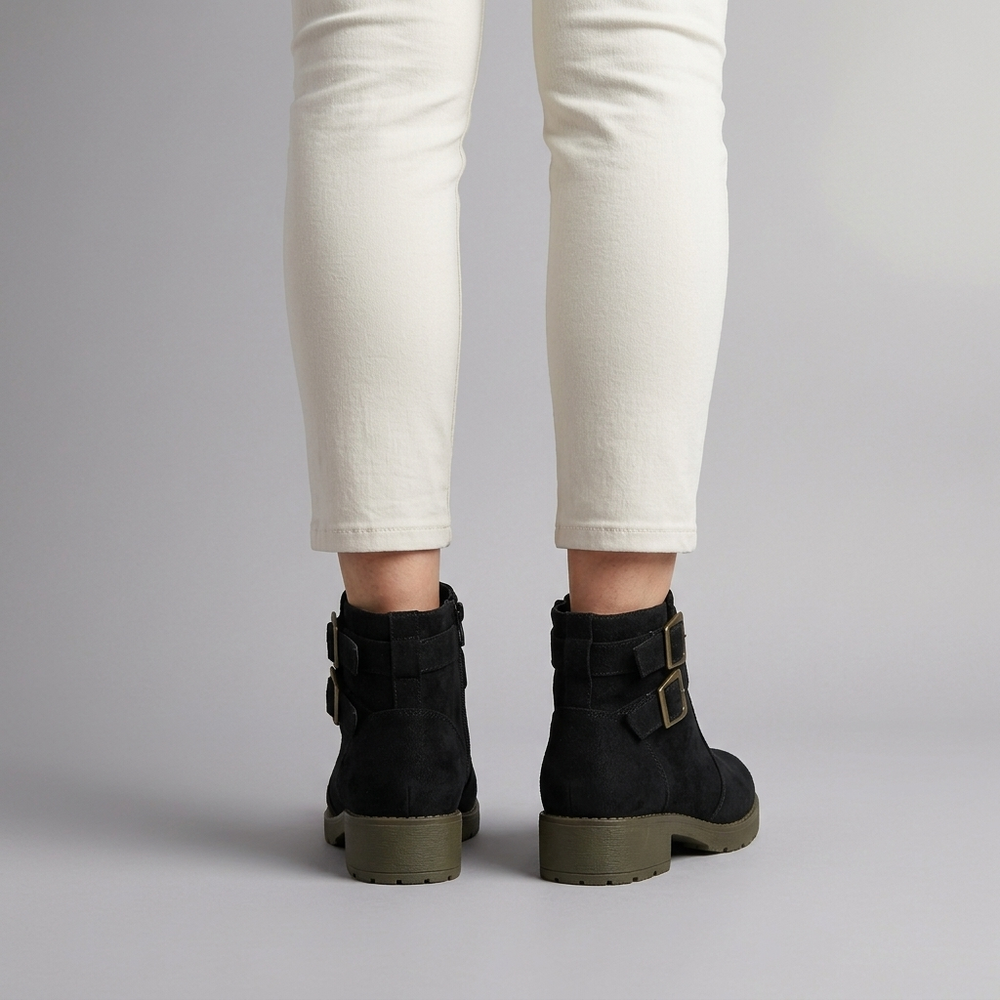 Boots For Women | Double Buckle Ankle Flat Black three-quarter front view