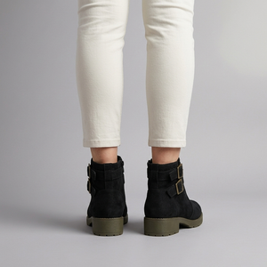 Boots For Women | Double Buckle Ankle Flat Black worn back view
