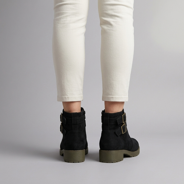 Boots For Women | Double Buckle Ankle Flat Black worn back view