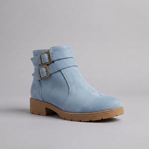 Boots For Women | Double Buckle Ankle Flat Blue three-quarter front view
