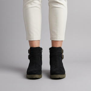 Boots For Women | Double Buckle Ankle Flat Black worn front view