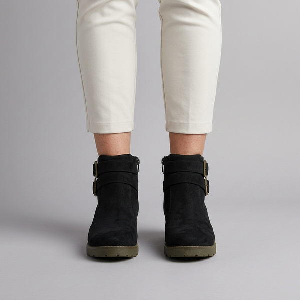 Boots For Women | Double Buckle Ankle Flat Black worn front view