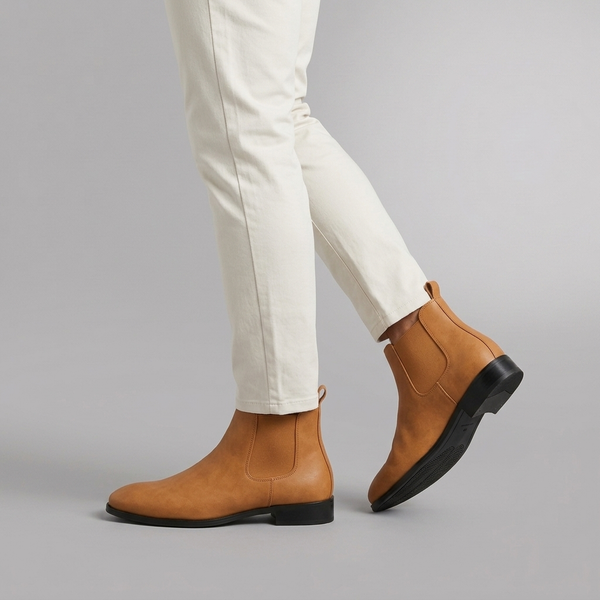 Boots For Men | Classic Chelsea Slip-On Leather Brown worn side view sole