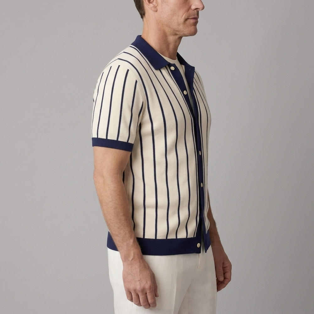 Men's Polo Shirt | Striped Knit Short Sleeve Navy front view