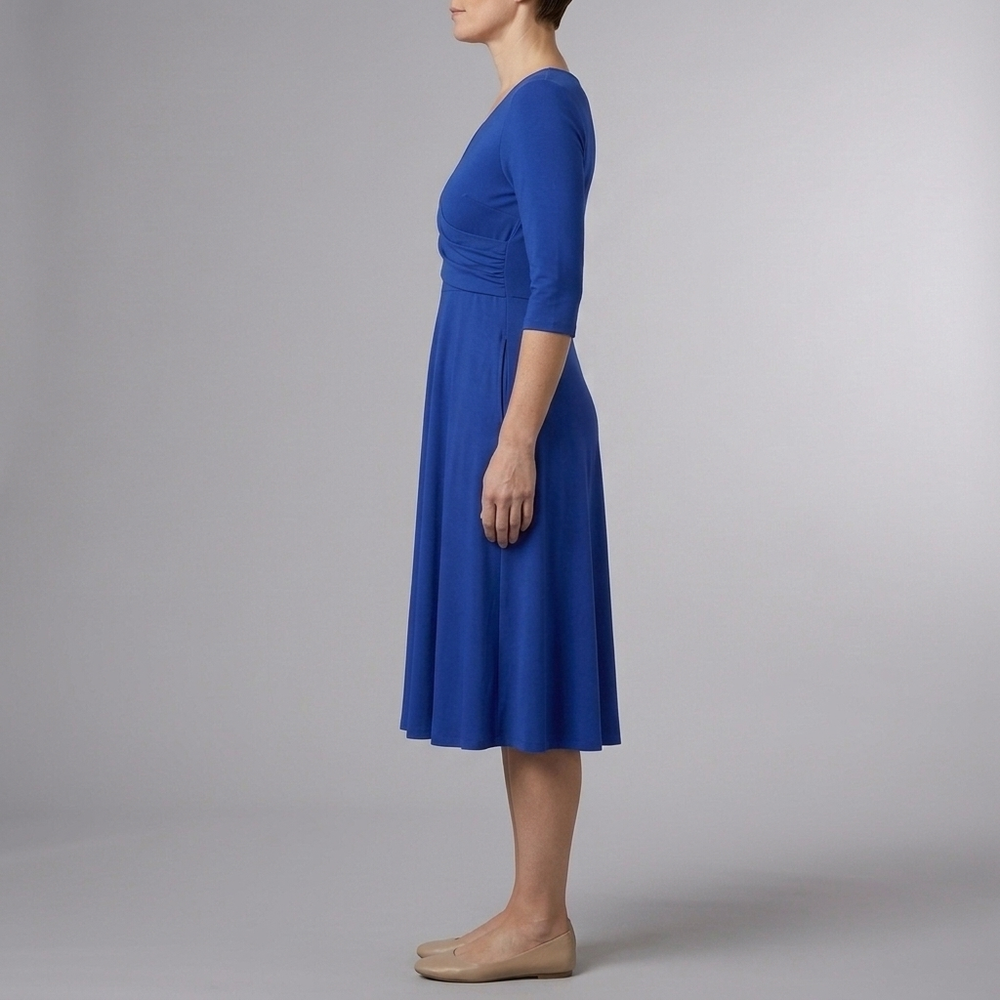 Women's Casual Dress | Midi Wrap V-Neck Short Sleeve Navy Blue front view