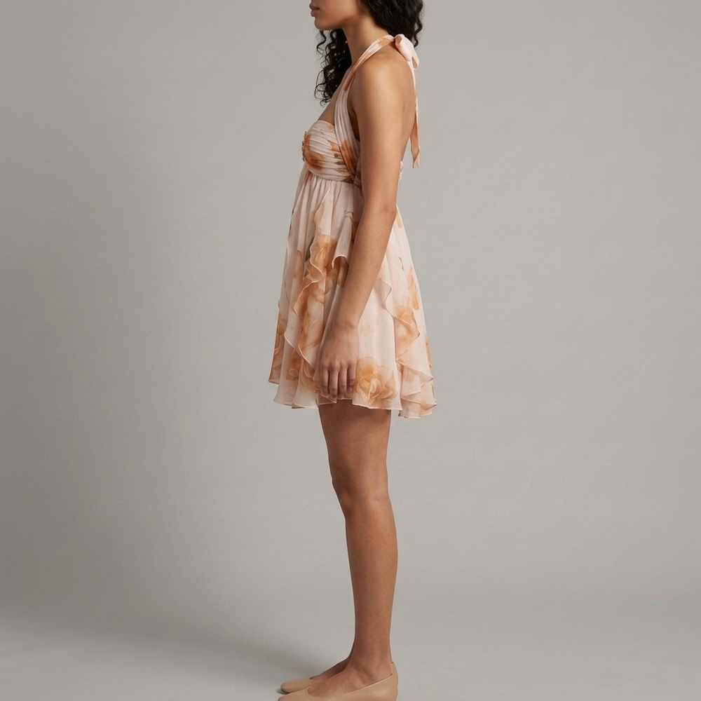 Women's White Mini Dress | Halter Neck Ruffle Layered Floral White front view