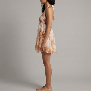 Women's White Mini Dress | Halter Neck Ruffle Layered Floral White side view