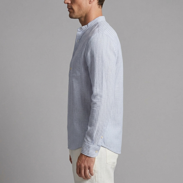 Men's Button Shirt | Striped Band Collar Linen Long Sleeve Blue side view