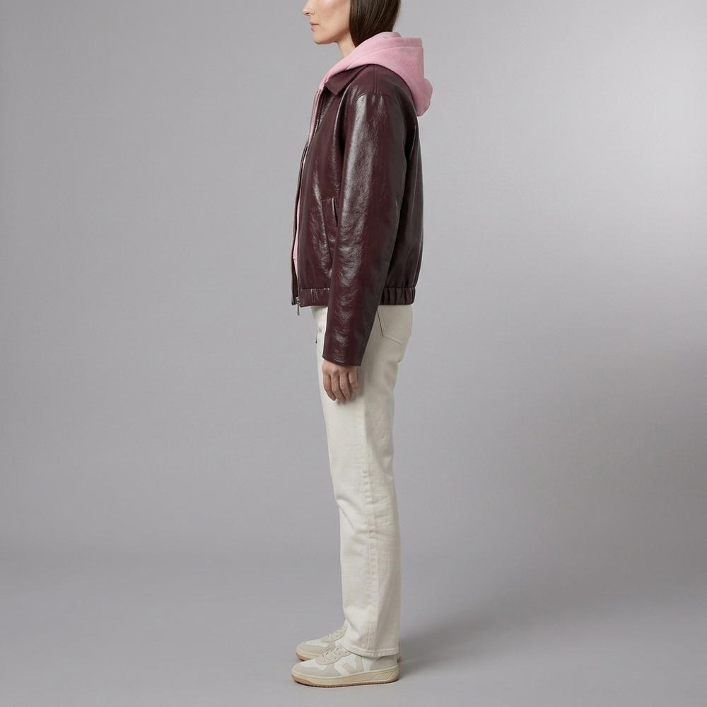 Women's Leather Jacket | Burgundy Bomber Cropped Zip front view
