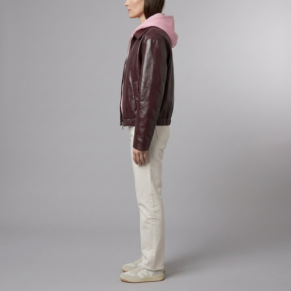 Women's Leather Jacket | Burgundy Bomber Cropped Zip side view