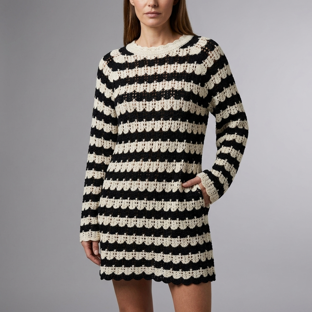 Women's Knit Top | Black and White Striped Long Sleeve Loose Black front view