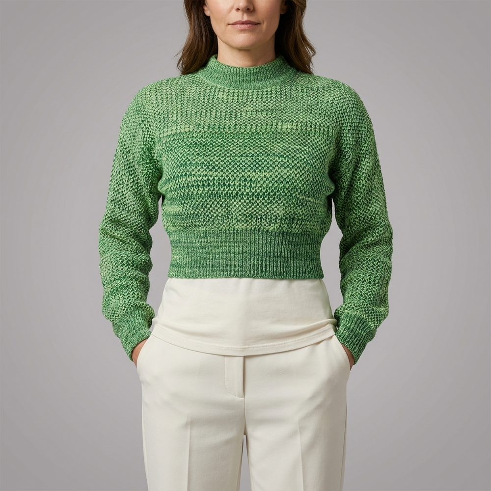 Women's Sweater | Cropped Mock Neck Long Sleeve Green front view