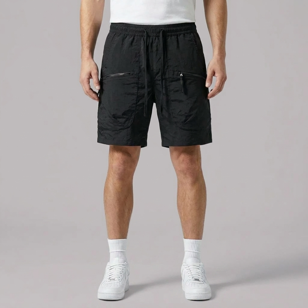 Men's Cargo Shorts | Zip Pockets Drawstring Waist Black front view