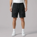 Men's Cargo Shorts | Zip Pockets Drawstring Waist Black front view