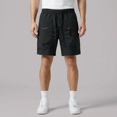 Men's Cargo Shorts | Zip Pockets Drawstring Waist Black front view