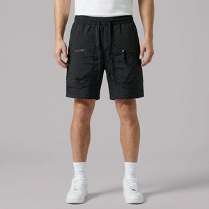 Men's Cargo Shorts | Zip Pockets Drawstring Waist Black front view
