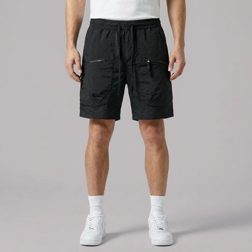 Men's Cargo Shorts | Zip Pockets Drawstring Waist Black front view