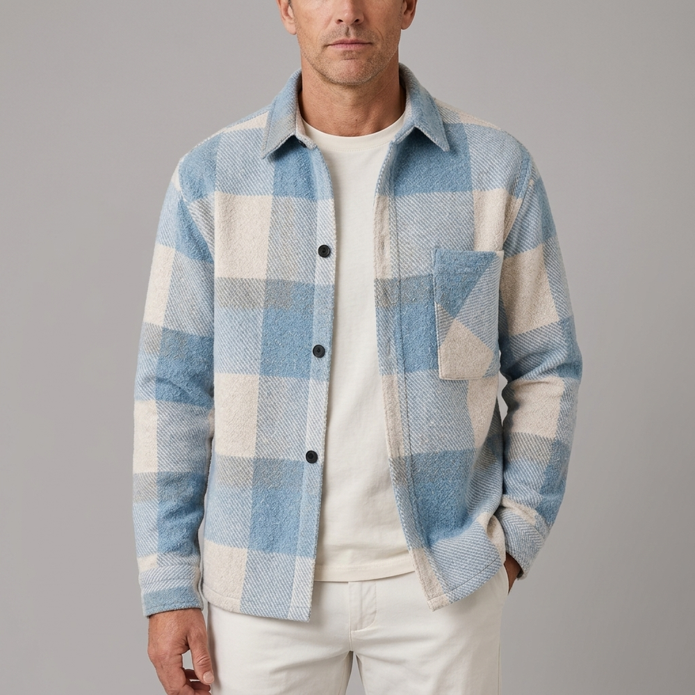 Men's Button Shirt | Plaid Overshirt Soft Warm Blue front view