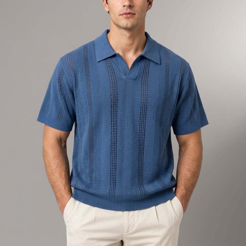 Men's Polo Shirt | Textured Knit Short Sleeve Blue front view