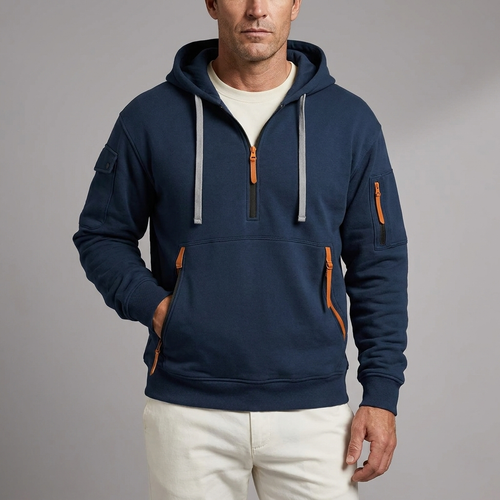 Men's Hoodie | Quarter-Zip Utility Pockets Long Sleeve Dark Blue front view