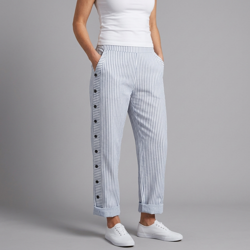 Women's Trousers | Cropped Button Detail Striped Blue front view