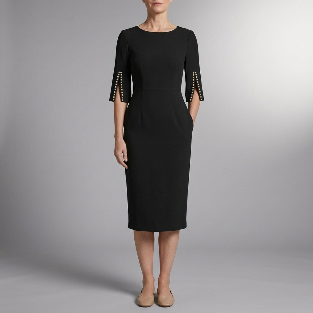 Women's Midi Dress | Split Sleeve Pearl Detail Black front view