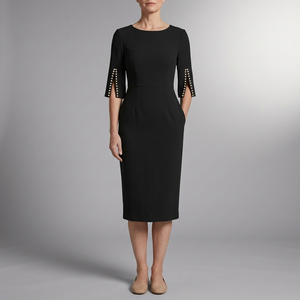 Women's Midi Dress | Split Sleeve Pearl Detail Black front view