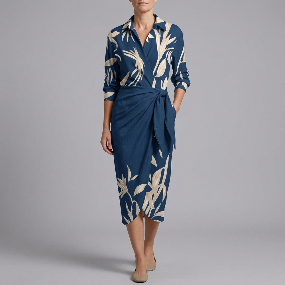 Women's Slip Dress | Midi Wrap Long Sleeve Blue front view