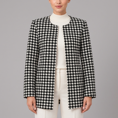 Women's Houndstooth Jacket | Black White Open Front Long Sleeve Paint Black front view