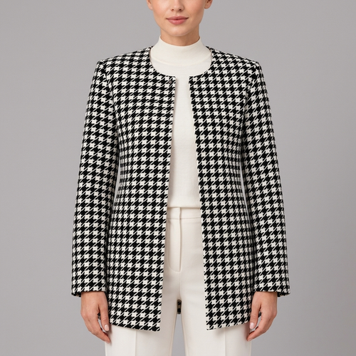 Women's Houndstooth Jacket | Black White Open Front Long Sleeve Paint Black front view