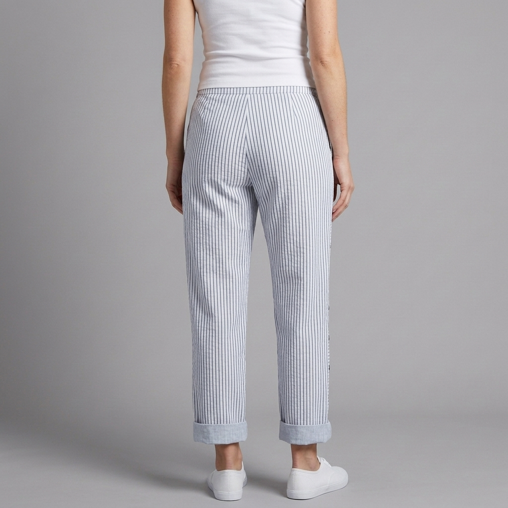 Women's Trousers | Cropped Button Detail Striped Blue front view