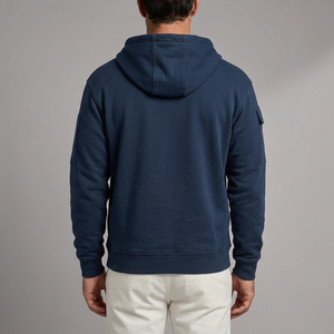 Men's Hoodie | Quarter-Zip Utility Pockets Long Sleeve Dark Blue back view