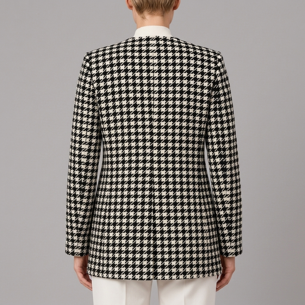 Women's Houndstooth Jacket | Black White Open Front Long Sleeve Paint Black front view