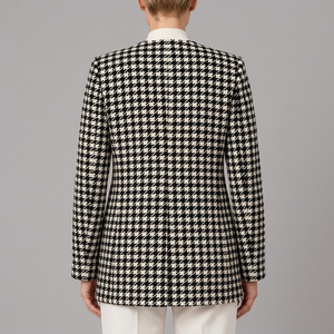Women's Houndstooth Jacket | Black White Open Front Long Sleeve Paint Black back view