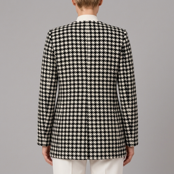 Women's Houndstooth Jacket | Black White Open Front Long Sleeve Paint Black back view