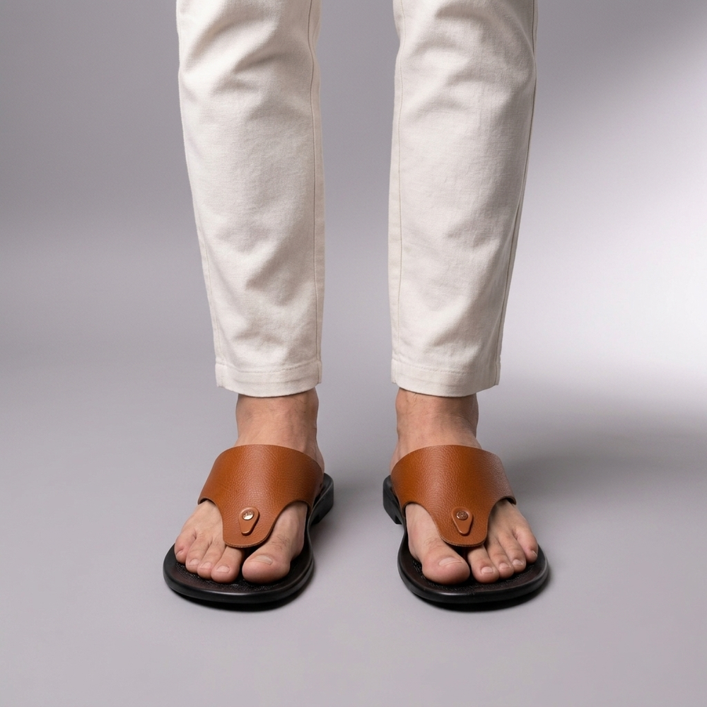 Sandals For Men | Leather Orthopaedic Thong Strap Brown three-quarter front view
