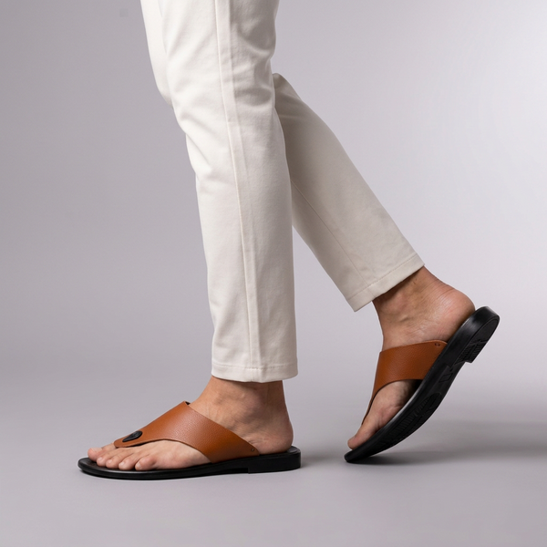 Sandals For Men | Leather Orthopaedic Thong Strap Brown worn side view sole