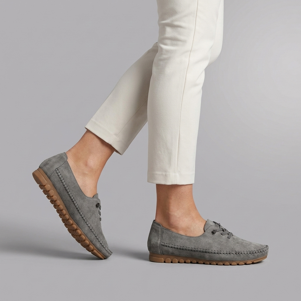 Boat Shoes For Women | Comfort Lace-Up Suede Loafer Soft Grey three-quarter front view